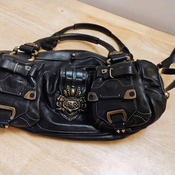 Juicy Couture BLACK LEATHER satchel Logo legacy Bag purse  ICONIC - Picture 10 of 13